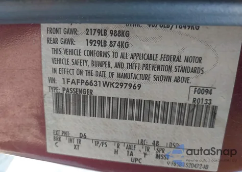 1998 Ford Contour Lx from USA, damaged, VIN 1FAFP6631WK297969